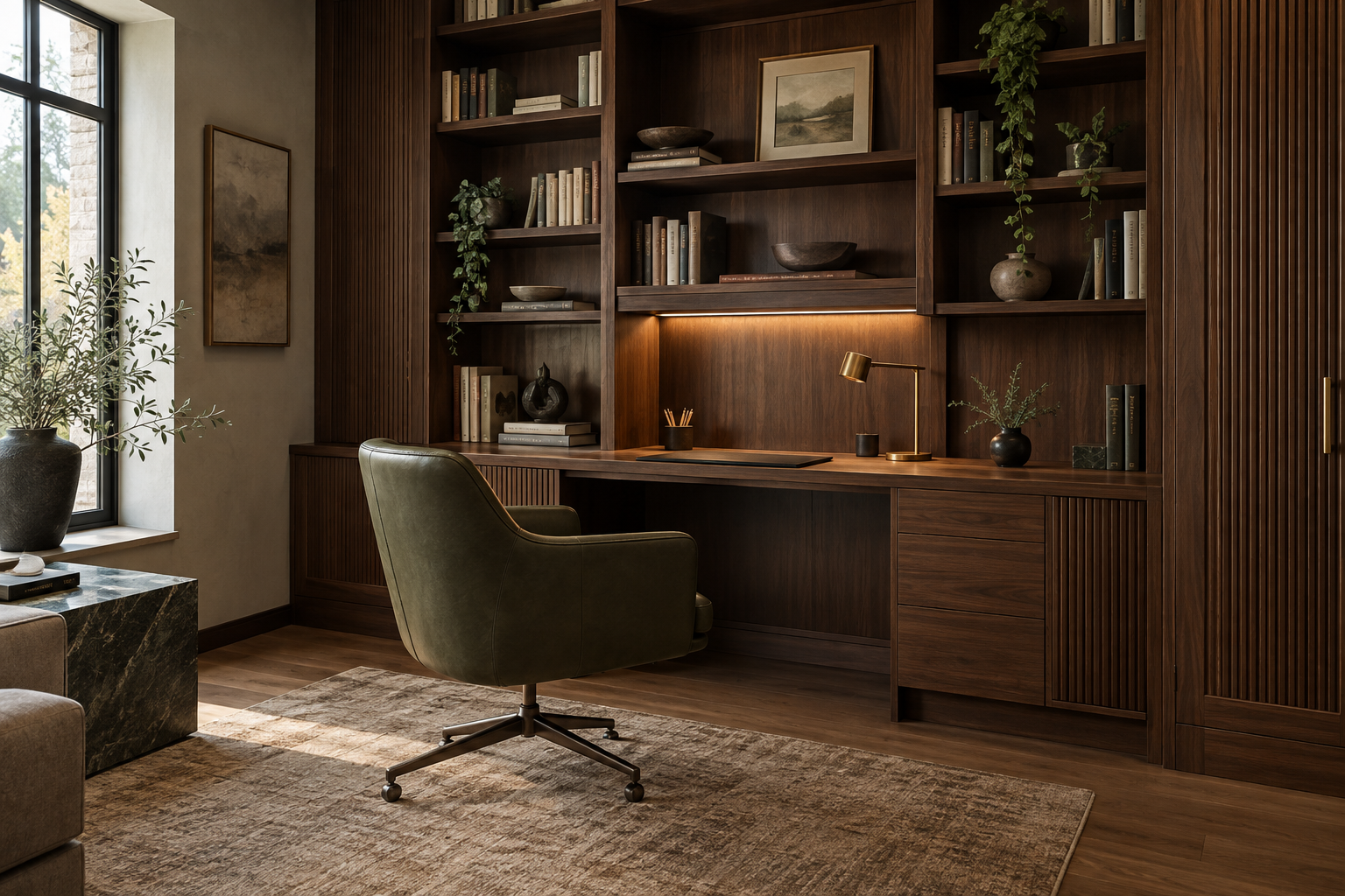 Home office com estante sob medida